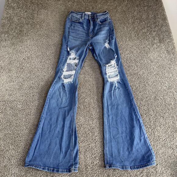 Cello Denim - Cello Jeans Womens 3 Blue Medium Wash High Rise Distressed Flare Stretch Denim